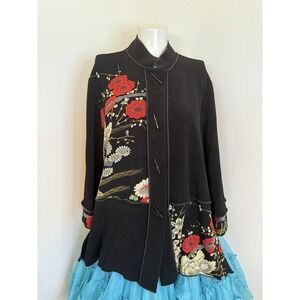 Moonlight Y & S Kimono Jacket Tunic Asian Garden‎ Print Large Black Artsy Boho